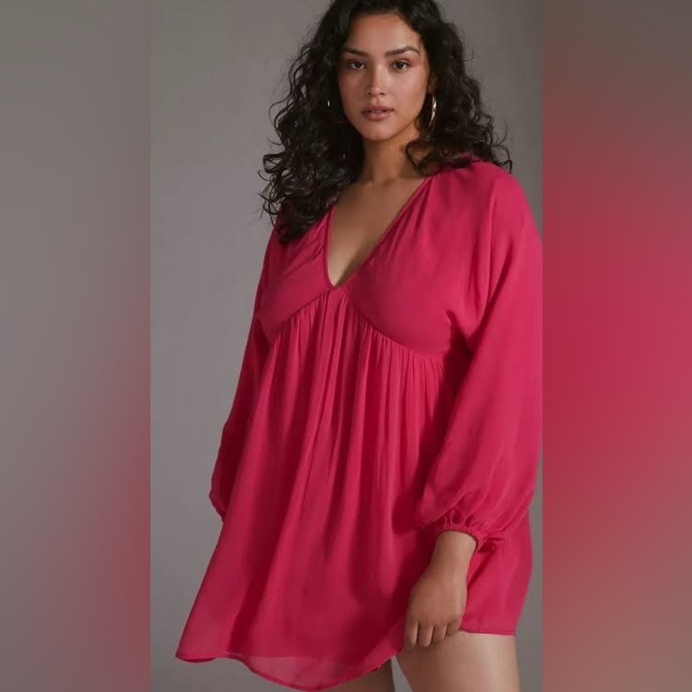 NWT Anthropologie Let Me Be Fuchsia Pink V-Neck Babydoll Mini Dress - Large - Picture 1 of 10